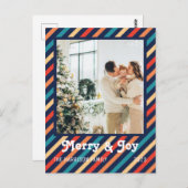 Retro Stripes Merry & Joy Family Foto Postkarte (Vorne/Hinten)