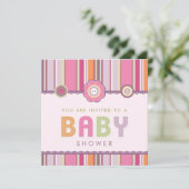 Retro Stripes Tasten Pink Baby Dusche Einladung (Stehend Vorderseite)