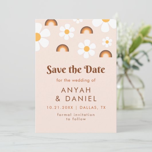 Retro Style 70er Rainbow & Daisy Groovy Hippie Save The Date (Stehend Vorderseite)
