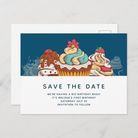 Retro Style Cupcakes Süßes Dessert Save the Date Postkarte (Vorne/Hinten)