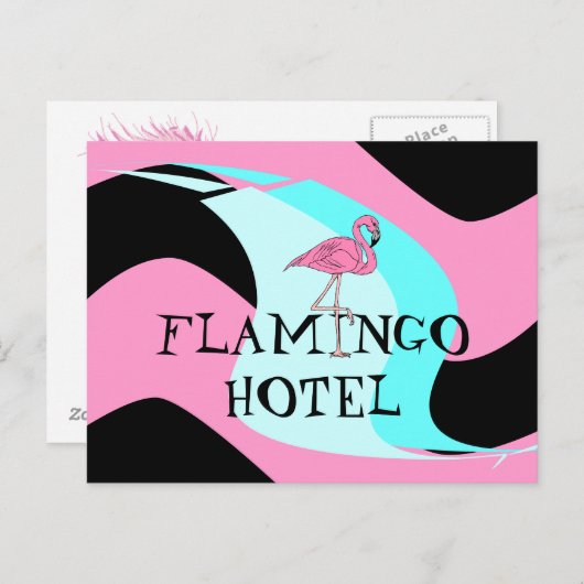 Retro Style Flamingo Hotel Postcard aquas pink Postkarte (Vorne/Hinten)
