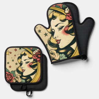 Retro-Style im Stil der 50er Jahre Halbmond-Dame Ofenhandschuh & Topflappen-Set