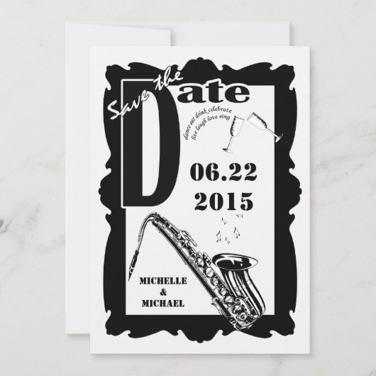 Retro Style Jazz Save the Date Schwarz-weiß 2 Einladung (Vorderseite)
