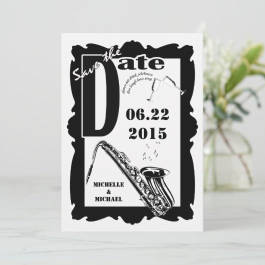 Retro Style Jazz Save the Date Schwarz-weiß 2 Einladung (Stehend Vorderseite)
