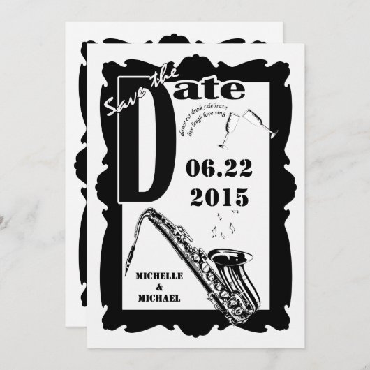 Retro Style Jazz Save the Date Schwarz-weiß 2 Einladung (Vorne/Hinten)