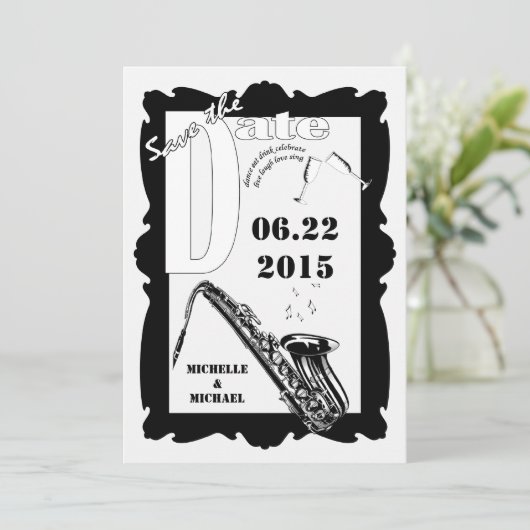 Retro Style Jazz Save the Date Schwarz-weiß Einladung (Stehend Vorderseite)