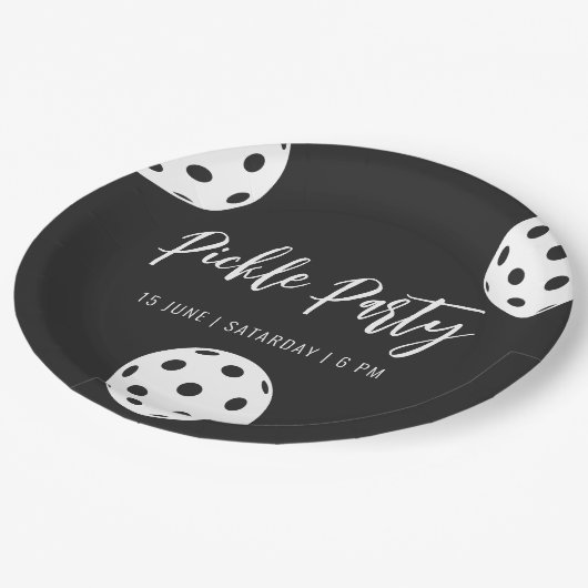 Retro Style Neon Black Themed Pickleball Geburtsta Pappteller (Schrägansicht)