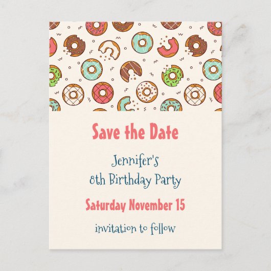 Retro Style Niedlich Donut Muster Save the Date Einladungspostkarte (Vorderseite)