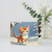 Retro Style Niedlich Kitten in Schnee Postkarte (Stehend Vorderseite)