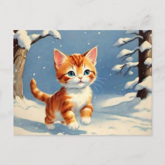 Retro Style Niedlich Kitten in Schnee Postkarte (Vorderseite)