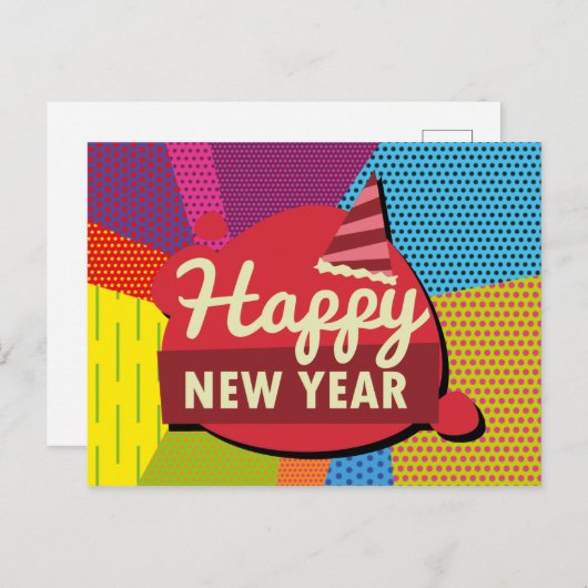 Retro Style Pop Kunst - Glück im neuen Jahr Postkarte (Vorne/Hinten)