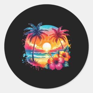 Retro Style Tropical Vintag Sunset Beach Palm Tre Runder Aufkleber