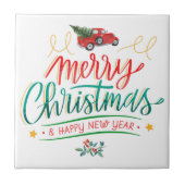 Retro Style Truck Frohe Weihnachten Fliese (Vorderseite)