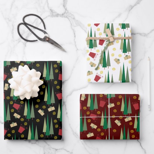 Retro Style Weihnachtsbaum und Geschenkmuster Geschenkpapier Set (Vorderseite)