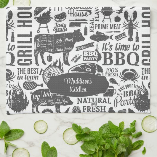 Retro Styled Typographic Barbecue Pattern Geschirrtuch (Gefaltet)