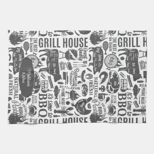 Retro Styled Typographic Barbecue Pattern Geschirrtuch (Horizontal)