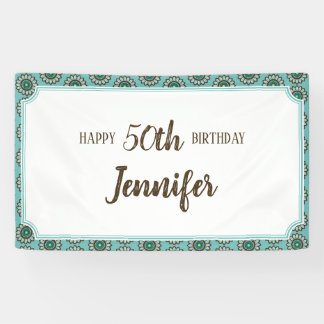 Retro Stylized aquamarine Blumen-Geburtstags-Fahne Banner