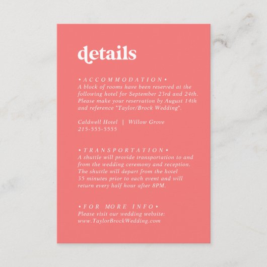 Retro Summer | Angaben zur Hochzeit in heißen Rosa Begleitkarte (Vorderseite)