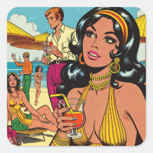 Retro Summer Beach Girl-Comicen Quadratischer Aufkleber