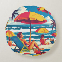 Retro Summer Beach Scene Throw Pillow Rundes Kissen