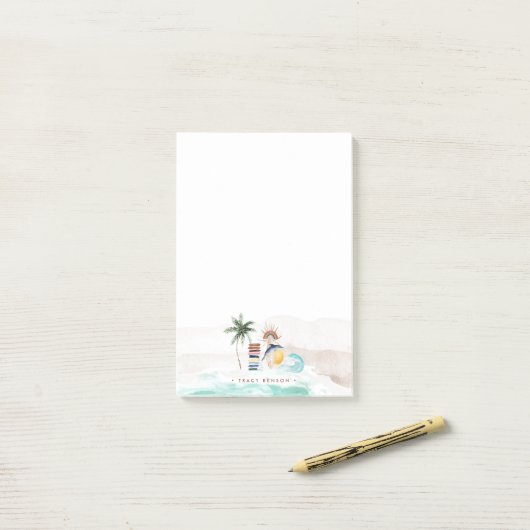 Retro Summer Boho Surf | Monogramm Personalisiert Post-it Klebezettel (Auf Schreibtisch)
