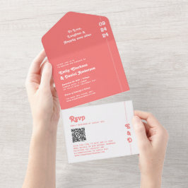 Retro Summer Coral Pink Monogram QR Code Hochzeit All In One Einladung