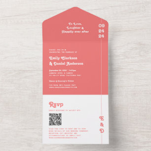 Retro Summer Coral Pink Monogram QR Code Hochzeit All In One Einladung