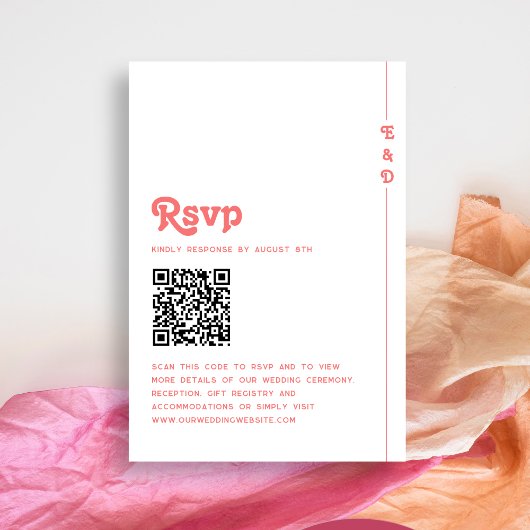 Retro Summer Coral Pink Monogram Wedding QR Code RSVP Karte
