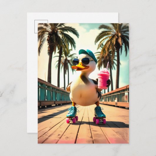 Retro Summer Funny Roller Duck Ankündigungspostkarte (Vorne/Hinten)