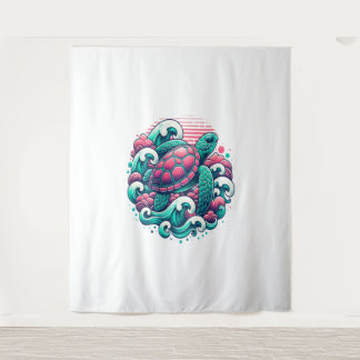 Retro Summer Ocean Wave Turtle Wandteppich