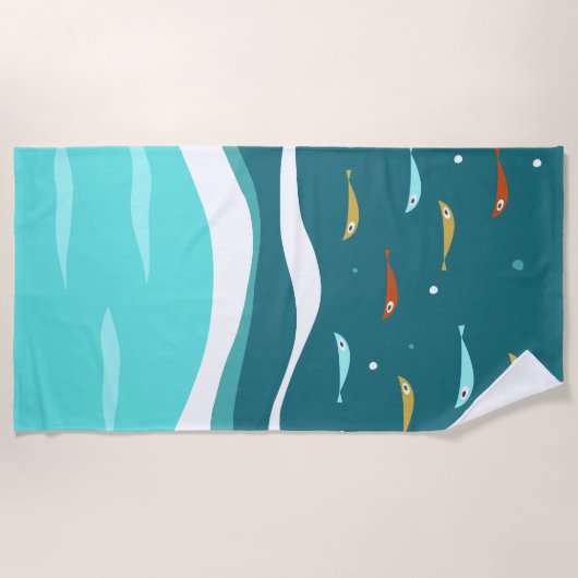 Retro Summer Ocean Waves Mitte Jahrhundert Moderne Strandtuch (Vorderseite)