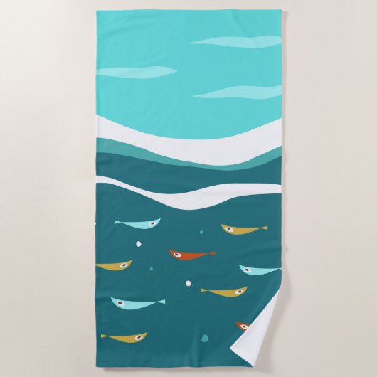 Retro Summer Ocean Waves Mitte Jahrhundert Moderne Strandtuch (Vorderseite)