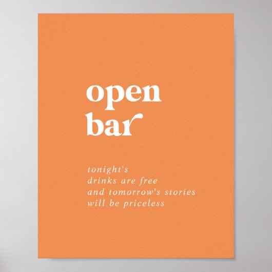Retro Summer | Orange Wedding Open Bar Sign Poster (Vorne)