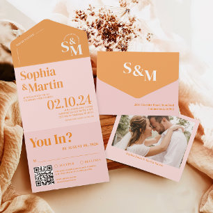 Retro Summer Pink und Orange Foto Hochzeit All In One Einladung