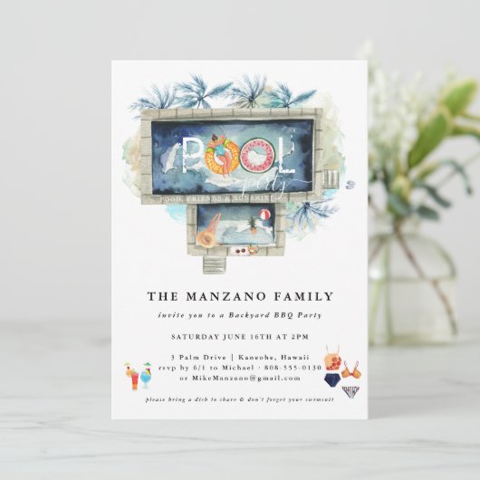 Retro Summer | Pool-Party Einladung (Stehend Vorderseite)