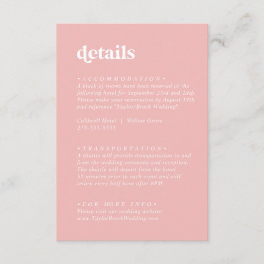 Retro Summer | Rosa Hochzeitsdetails Begleitkarte (Vorderseite)