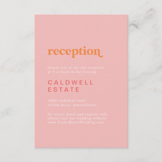 Retro Summer | Rosa und orange Hochzeitsempfang Begleitkarte (Vorderseite)