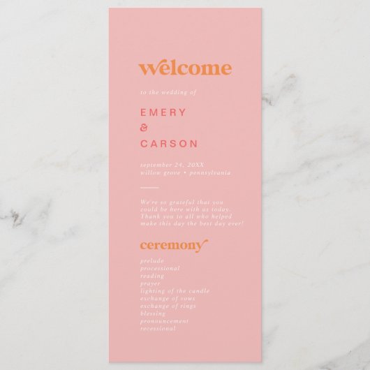 Retro Summer | Rosa und orange Hochzeitsprogramm Programm (Vorderseite)