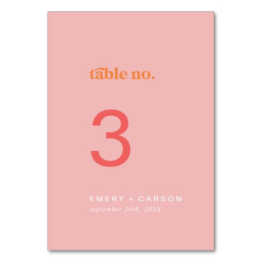 Retro Summer | Rosa und orange Tischnummer (Vorderseite)