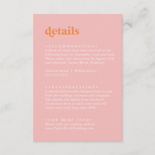 Retro Summer | Rosa und orangefarbene Hochzeitsdet Begleitkarte (Vorderseite)