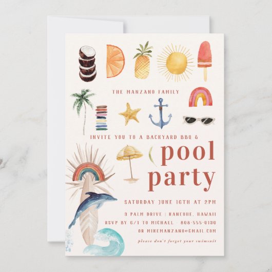 Retro Summer Surf | Pool-Party Einladung (Vorderseite)
