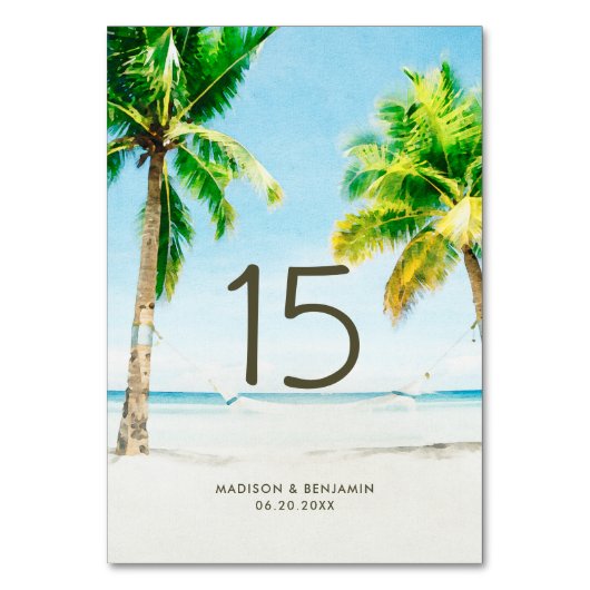 Retro Summer Tropical Palm Tree Beach Hochzeit Tischnummer (Rückseite)