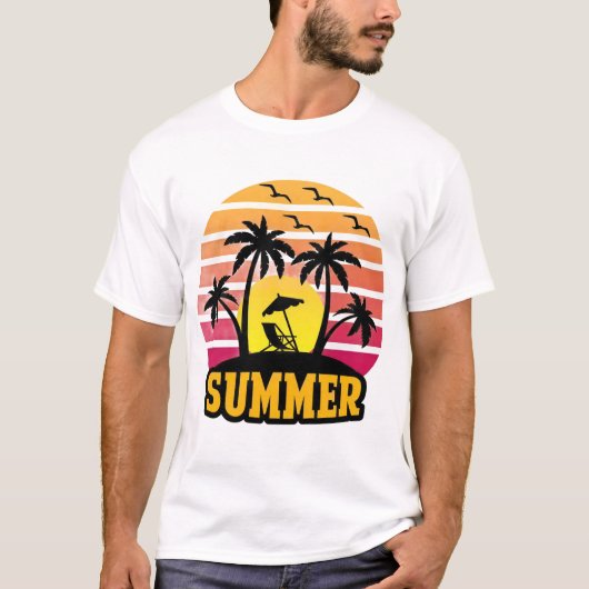 Retro Summer Vibes T-Shirt - Palm Tree Sunset Beac (Vorderseite)
