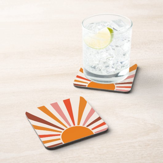 Retro Sun Burst Sonnenuntergang Orange Gelb Rosa Getränkeuntersetzer (Rechte Seite)