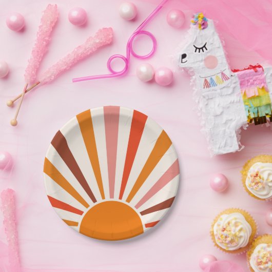 Retro Sun Burst Sonnenuntergang Orange Gelb Rosa Pappteller (Party)