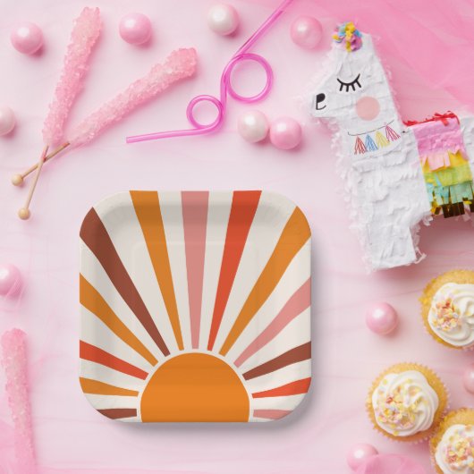 Retro Sun Burst Sonnenuntergang Orange Gelb Rosa Pappteller (Party)