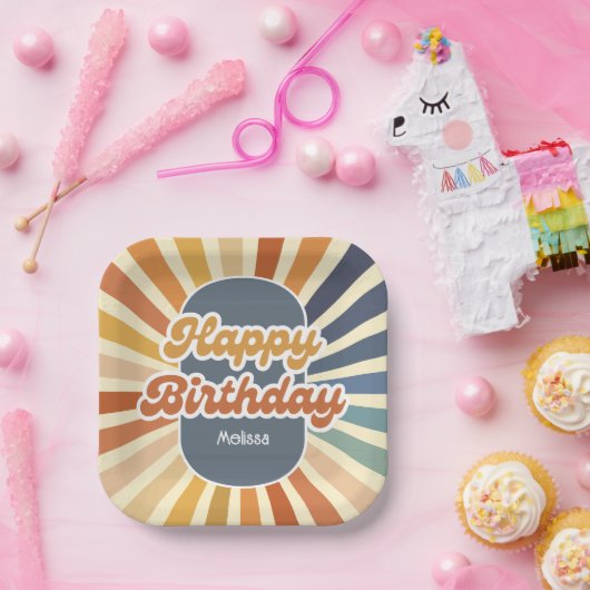 Retro Sun Groovy Wave Happy Birthday Pappteller (Party)