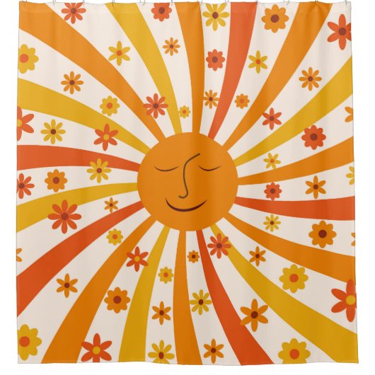 Retro Sun mit Hippie-Blume Sonnenschein Duschvorhang (Vorderseite)