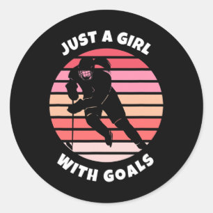 Retro Sun nur ein Mädchen mit Goals Hockey Geschen Runder Aufkleber
