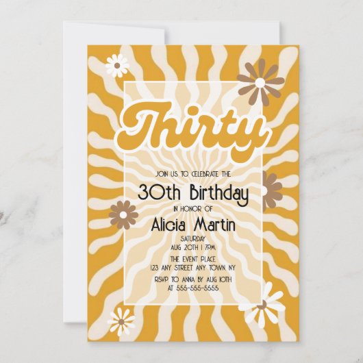 Retro Sun Wave Daisy Brown 30. Geburtstag Einladung (Vorderseite)